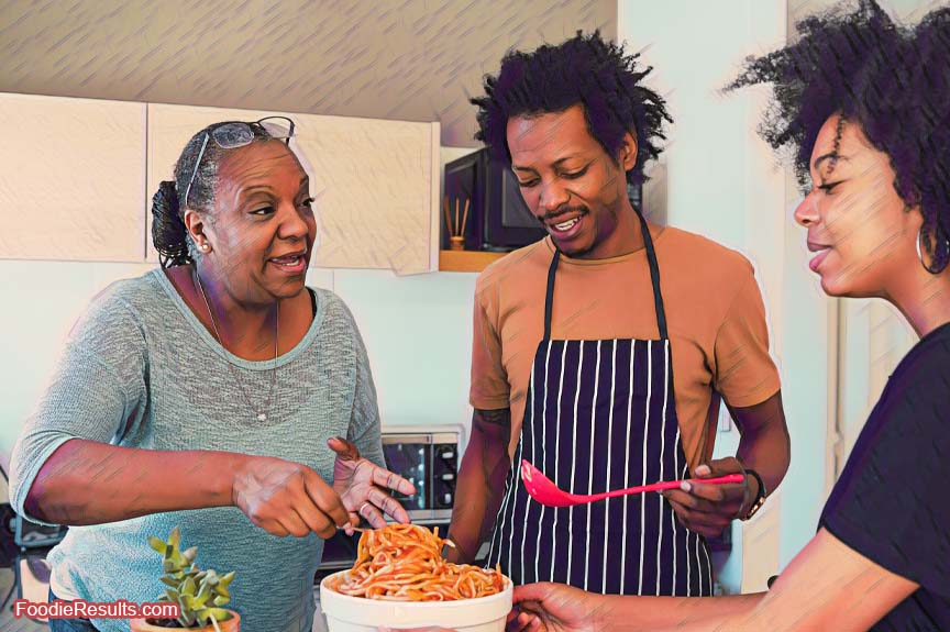 Grandma helping adult kids cook